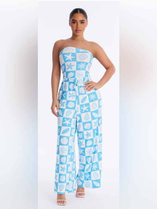 Fashion Nova Other - Strapless Seashell Print Wide-Leg Swimsuit Coverup - Blue & White NWT🐚